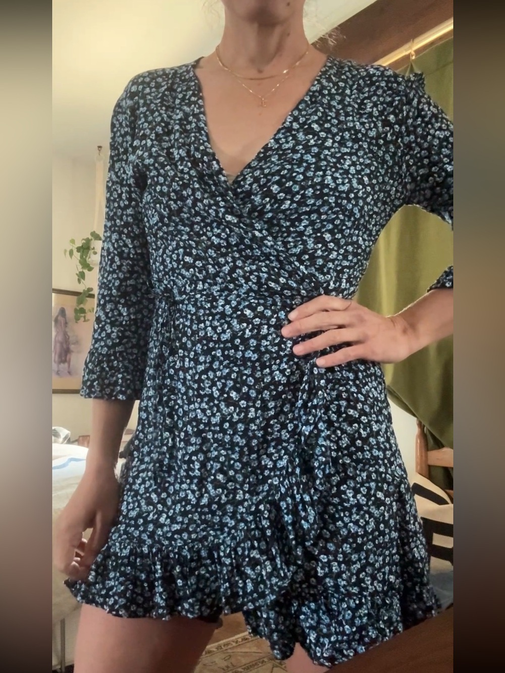 Faithful the Brand Blue Floral Long Sleeve Mini Dress Tie Waist Boho